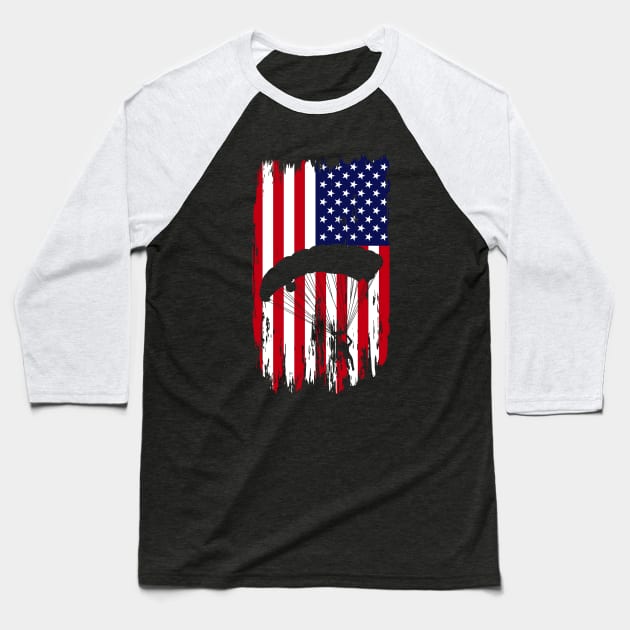 Cool Skydiving Skydiver American Flag Skydive Baseball T-Shirt by ChrifBouglas